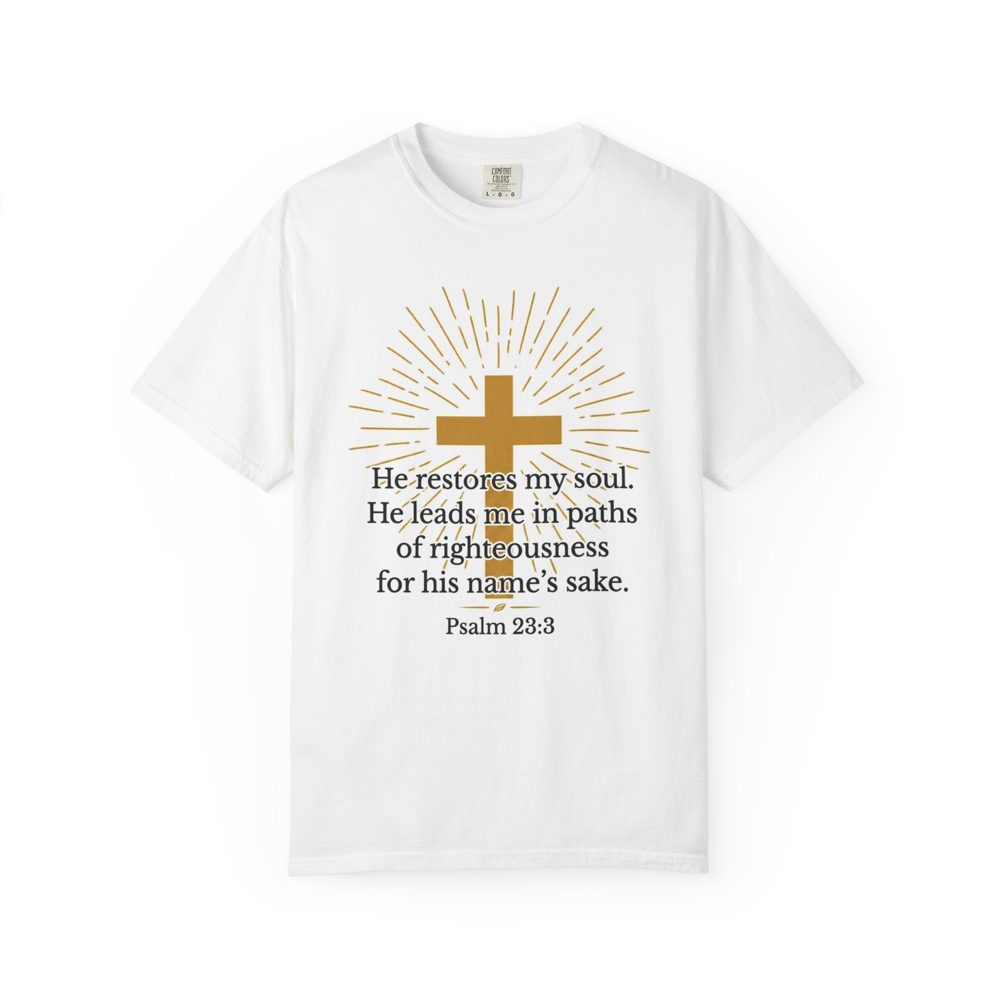 Christian T-Shirt — Psalm 23:3 Cross Design / "Ask Me About My Jesus" Back