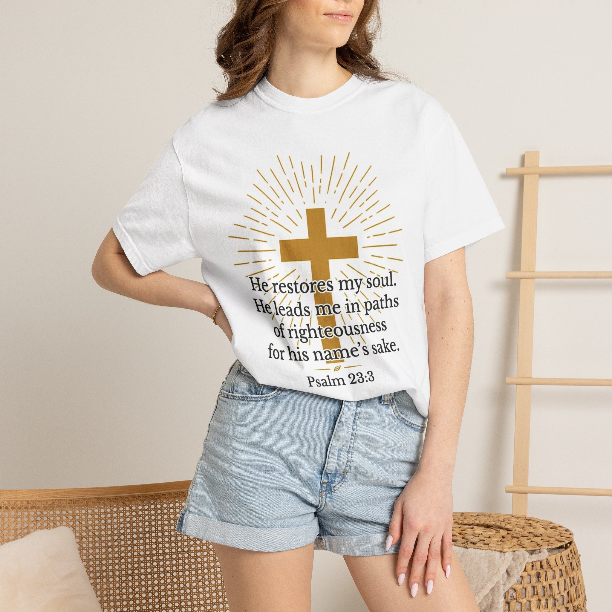 Christian T-Shirt — Psalm 23:3 Cross Design / "Ask Me About My Jesus" Back