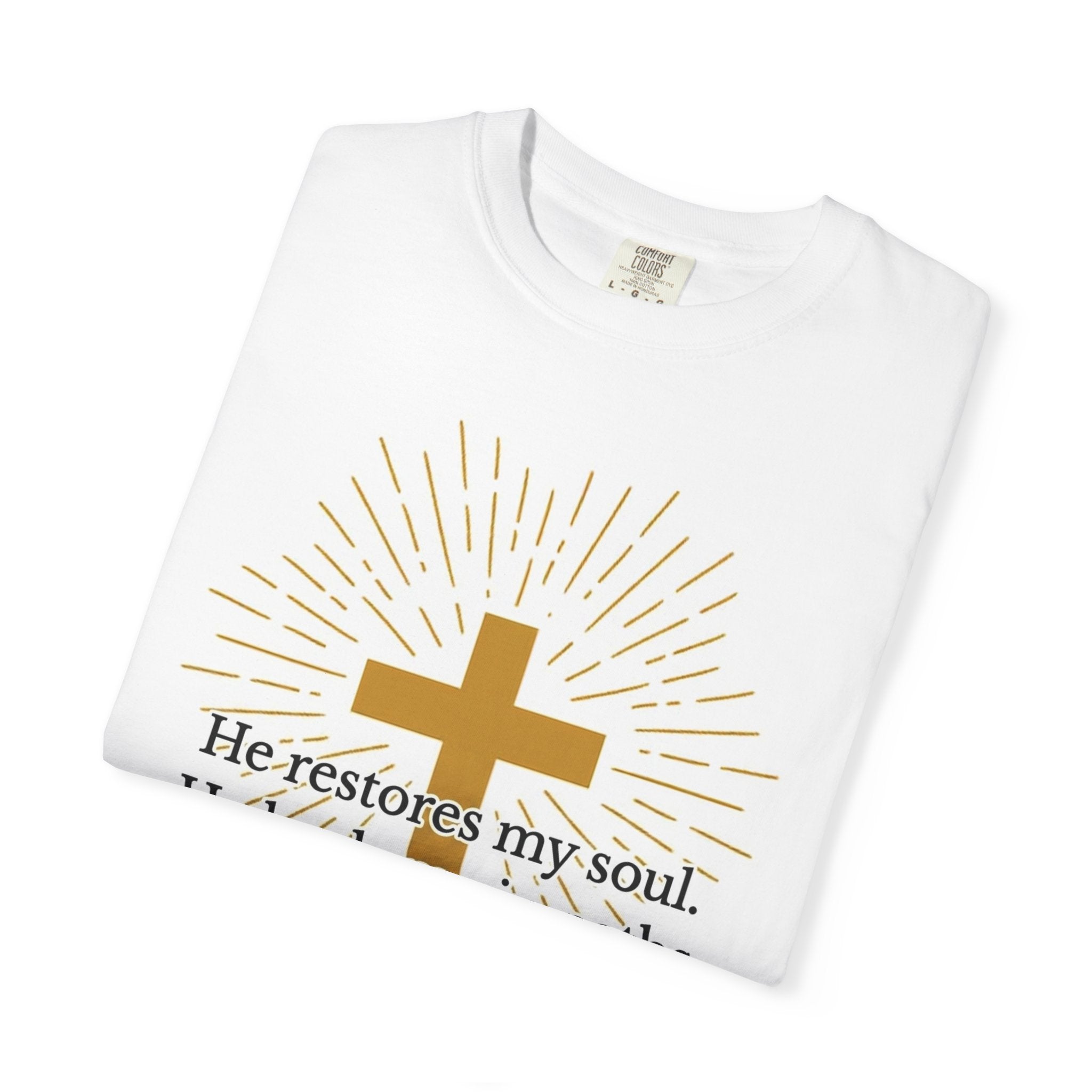 Christian T-Shirt — Psalm 23:3 Cross Design / "Ask Me About My Jesus" Back